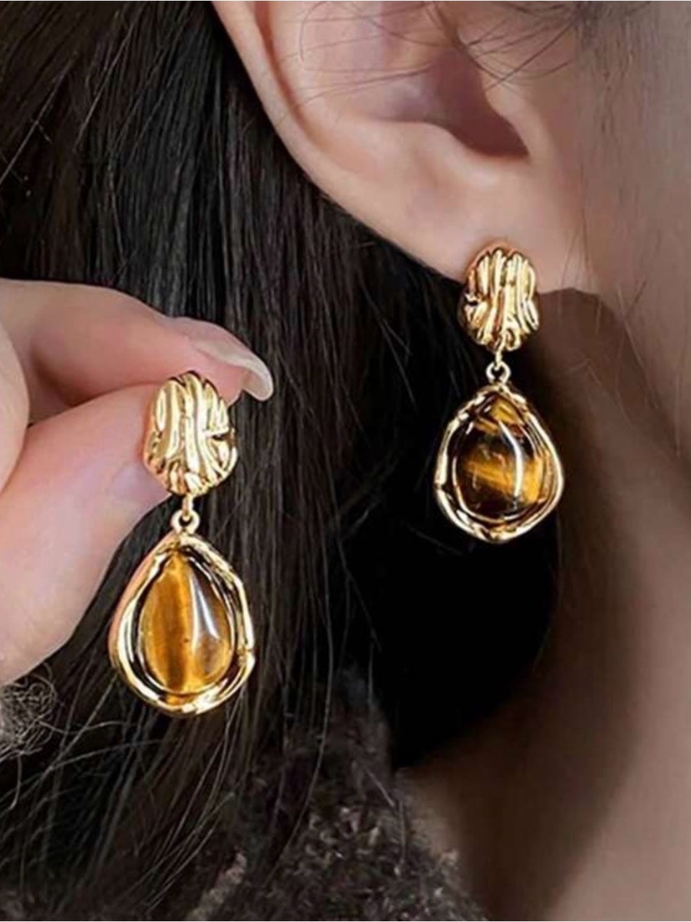 Gold-Tone Amber Teardrop Dangle Earrings - Elegant Women Jewelry